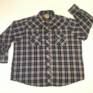 Vintage Wrangler Shirt Size 2XL Blue Plaid Pearl Snap Button Long Sleeve